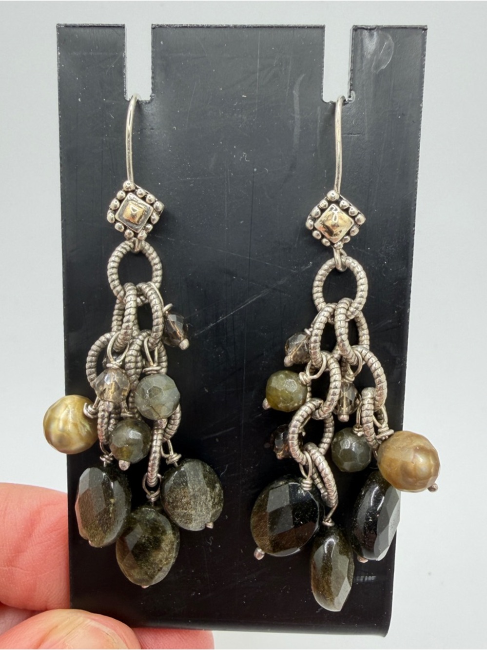 Stunning 925 and 14kt YG dangle earrings w/ labradorite, golden sheen and pearl!